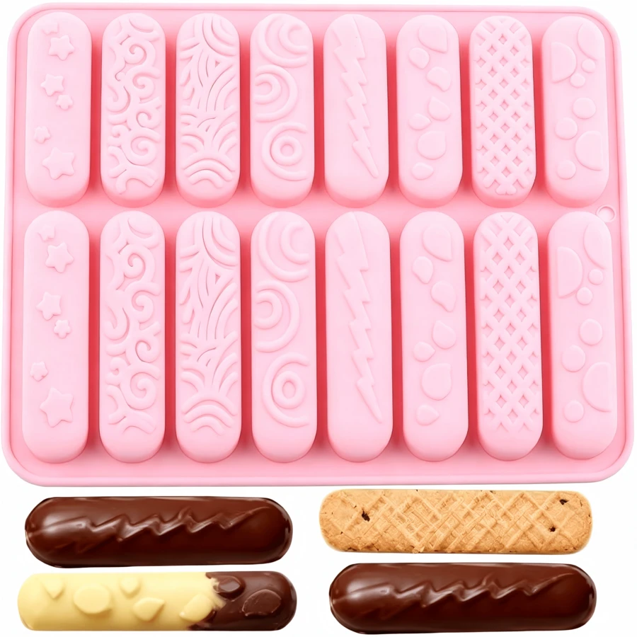1pc 16-Cavity Different Texture Long Bar Mold, Silicone Chocolate Cookie Mold, Long Bar Candy Baking Mold, Suitable For Making Cheese Sticks, Soft Candy, Chocolate Bars, Crayons, Cupcake Decorations - View 1