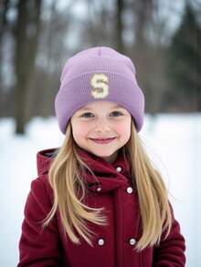 1PC Children's Knitted Hat With 26 Letters Pattern, Solid Color Knitted Caps, Children Hats For Girls, Warm Beanies For Outdoor, Autumn/Winter - Purple - View 5