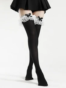 1 Pair Sweet Ruffle Lace Cuff Bowknot Decor Over-The-Knee Long Socks, High Elasticity Thigh High Socks, Black And White Cute Lolita Socks, Suitable For Cosplay, Campus Outfit And Daily Styling Fashion Accessory - Multicolor - View 7