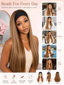 Honey Blonde Straight Headband Wig Synthetic Long Silky Hair Beginner Friendly Secure Combs Ready To Go Easy Wear Daily Fashion Wig - Gold - View 8