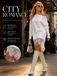 Women's Beige Lace-Edged Pullover - Loose Fit Pullover With Layered Lace Edges, Suitable All Seasons As A Casual Sweater, Transitions From Dresses - 白色 - 查看 1