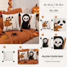 1 Stück/2 Stücke 18x18 Zoll gesteppte Halloween Kissenbezüge, Geister, Kürbis und Sensenmann dekorative Kissenbezüge mit verstecktem Reißverschluss und Quasten, geeignet für Sofa und Schlafzimmer Dekoration, nur Kissenbezüge, ohne Füllung - Weiss - Übersicht 6