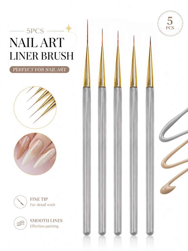 LIMEGIRL 5pcs Ice Transparent Series Fine Line Nail Art Brush Set, Professional Detail Painting & Liner Brushes, Suitable For UV Gel Nail Polish, Grey Handle, For Nail Salon And Home Use