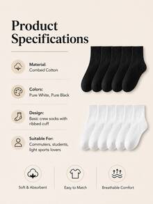 1-20Pairs Solid Combed‑Cotton Mid‑Calf Socks, Elastic Breathable & Versatile, Ideal For Students, Office‑Workers And Sports Lovers Back To School - Multicolor - View 10