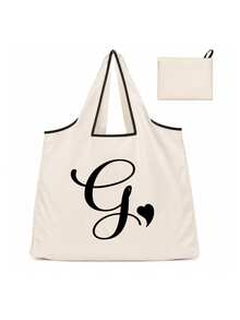 Sac cabas blanc à la mode avec initiale artistique A-Z noire, design avec bordure noire, matériau en taffetas enduit de polyester, sac de courses pliable et portable, sac cabas grande capacité pour femmes avec design facile à plier, convient pour un usage quotidien, les voyages, les vacances, l'école, la rentrée scolaire, le travail et les courses, chariot multifonctionnel, poignée robuste, cadeau pour la fête des enseignants, saison de la rentrée scolaire, fête de l'indépendance, voyage de vacances - Multicolore - Voir 25