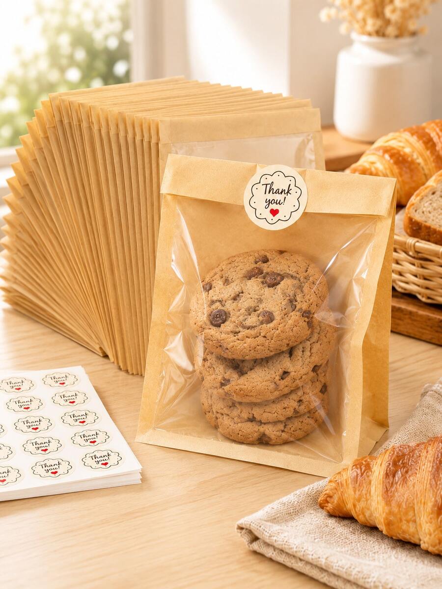 100PCS Bakery Bags With Clear Window, 7.5 X 7.1 In Kraft Paper Treat Bags With 100 Thank You Stickers, Christmas Gift And New Year Gift Making Bags For Bread, Cookies, Pastries, School Events, Small Business, Party Favors And Holiday Packaging - Brown - View 1