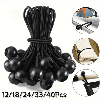 12/18/24/33/40Pcs Black Ball Head Elastic Bungee Cords, Outdoor Tent Elastic Ropes, Rain Canopy Awning Fixed Ball Rubber Bands, Luggage Cargo Binding Straps, Table Chair Tarp Sunshade Net Universal Buckle Elastic Ropes
