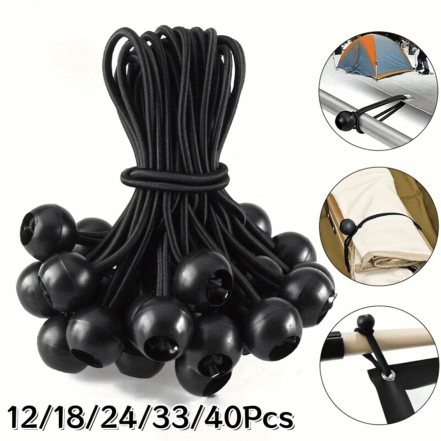 12/18/24/33/40Pcs Black Ball Head Elastic Bungee Cords, Outdoor Tent Elastic Ropes, Rain Canopy Awning Fixed Ball Rubber Bands, Luggage Cargo Binding Straps, Table Chair Tarp Sunshade Net Universal Buckle Elastic Ropes