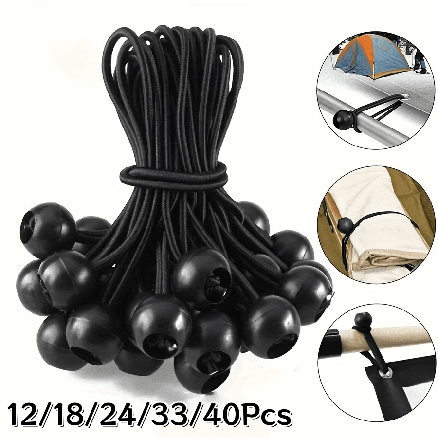 12/18/24/33/40Pcs Black Ball Head Elastic Bungee Cords, Outdoor Tent Elastic Ropes, Rain Canopy Awning Fixed Ball Rubber Bands, Luggage Cargo Binding Straps, Table Chair Tarp Sunshade Net Universal Buckle Elastic Ropes