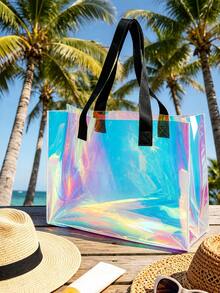 1件透明全息海灘包 大容量PVC托特包 粉色亮片BEACH印花 防水游泳收納袋 適用海灘度假 - 彩色 - 查看 5