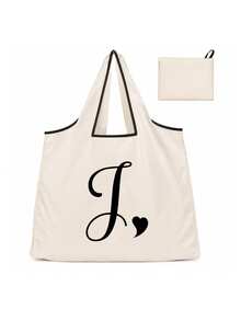 Sac cabas blanc à la mode avec initiale artistique A-Z noire, design avec bordure noire, matériau en taffetas enduit de polyester, sac de courses pliable et portable, sac cabas grande capacité pour femmes avec design facile à plier, convient pour un usage quotidien, les voyages, les vacances, l'école, la rentrée scolaire, le travail et les courses, chariot multifonctionnel, poignée robuste, cadeau pour la fête des enseignants, saison de la rentrée scolaire, fête de l'indépendance, voyage de vacances - Multicolore - Voir 28