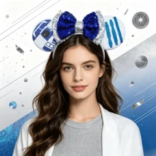 Disney 迪士尼米奇髮箍，白色亮片藍銀蝴蝶結，科幻主題百搭外出髮飾 - 查看 2