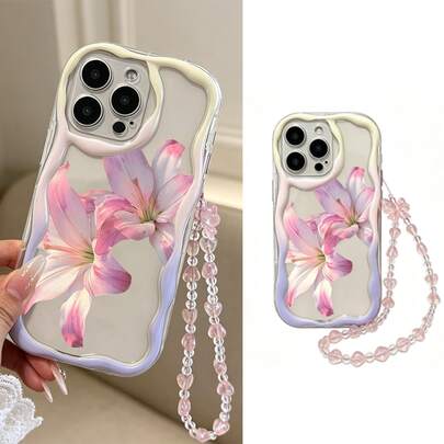 Cream White To Light Purple Gradient Creamy Wave Transparent Phone Case, Hand-Painted Pink Lily Print With Pink Heart Butterfly Beaded Charm Chain, Raised Lens Full Coverage Anti-Drop TPU Soft Shell, Compatible With Galaxy S22/23/24/S25/A04/05/06/A07/A17/A14/A15/A16/A24/A25/A34, Note 7/8/9/10/11/12/13/14, 9/10/12/13C/14C/A5, Honor X, HW, C53 C55, 17/16/11/13/15 Plus/15 Pro/15 Pro Max/12/14 Pro Max/11 Pro Max/12 Pro/12 Pro Max/13 Pro/13 Pro Max/14 Pro/14 Plus, Honor X7B 4G