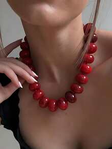 1pc Acrylic Colorful Gradient Dopamine Beaded Necklace, Versatile For Daily Wear And Festivals - Red - View 1