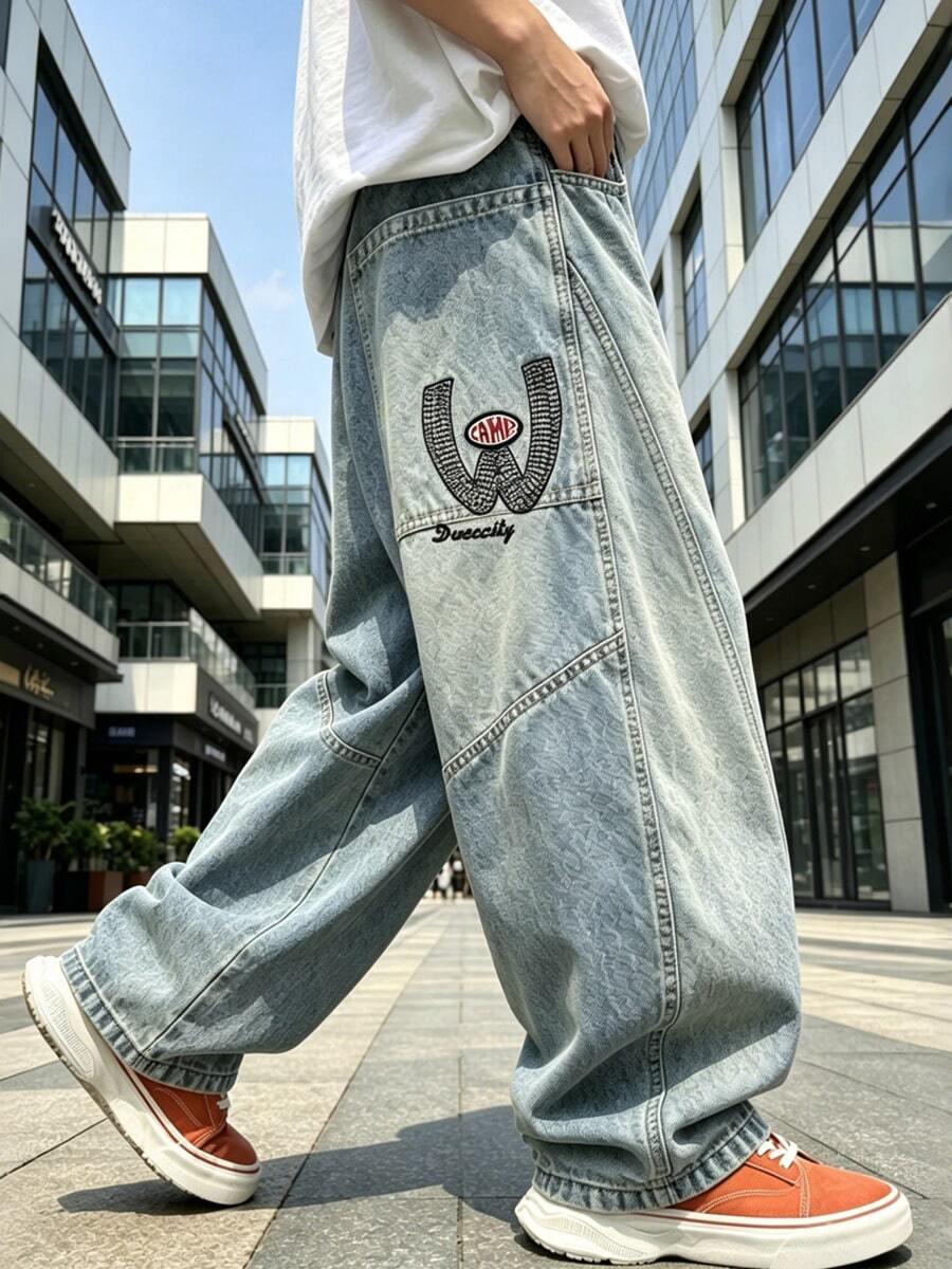 Tween Boys' Autumn Loose Fit Straight Leg Wide Leg Denim Jeans With Back Pocket Letter Embroidery, Suitable For Back To School, Daily Wear, Home And Outdoor Casual - Baby Blue - View 1