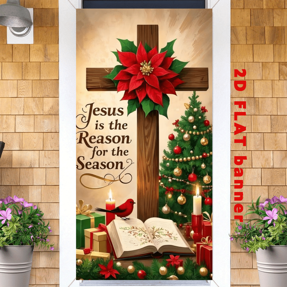 Bandera 2D - Fondo de pancarta con tema navideño, cruz de madera combinada con petunias rojas, decorada con bolas de colores, árbol de Navidad, velas encendidas, cajas de regalo, pájaros rojos y libros abiertos.