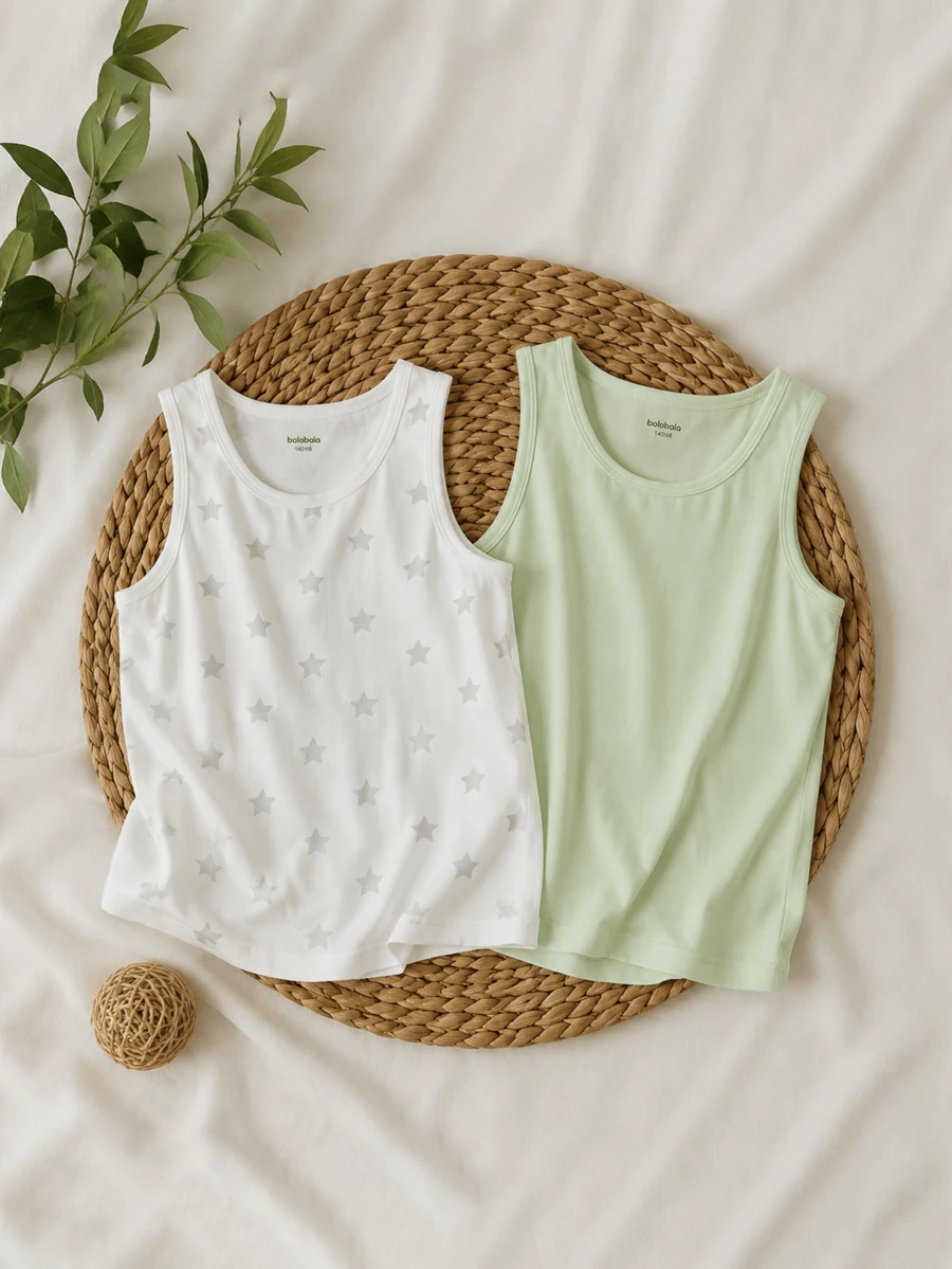Balabala 2pcs/Pack Boys Soft Sleeveless Undershirt - Gray Green Tone - View 1