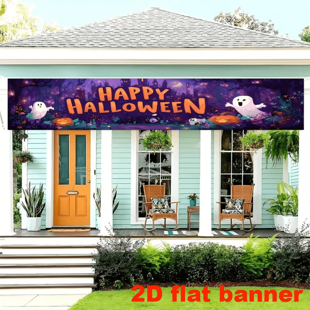 2D Planar Halloween-Themed Banner Background Fabric, Dark Purple Night Sky Background Color Combined With Orange, Floating White Ghosts And Glowing Pumpkin Lanterns, Vines, Small Flowers And Distant Castle Silhouette. No Power Supply Required. (3)