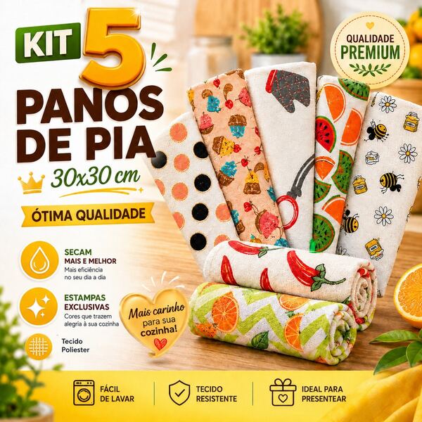 Kit 05 Pano de Pia Louça Premium Cores Sortidas