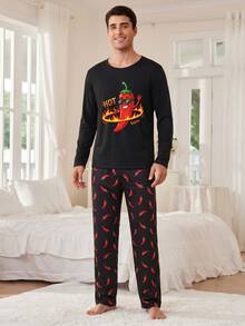 Men's Fun Home Set - Long Sleeve T-Shirt With Chili Pepper Cartoon Print + Black Pants With Red Chili Pepper Pattern, Casual 2 Pieces Pajama Set, Suitable For Relaxation - Black - View 3