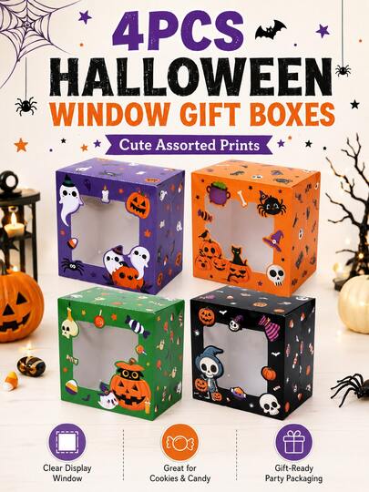 4pcs Halloween Clear Window Gift Boxes For Cookies Candy Party Favors