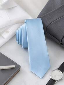 1pc Soft Light Blue Solid Color Shiny Necktie For Men, Business Formal, Banquet, Wedding, Daily Wear, Versatile Suit Shirt Accessory - Blue - View 4