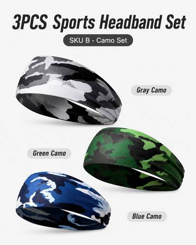 9PCS Men's Wide Sports Headband Set, Stretchy Breathable Sweat-Wicking Hair Bands For Running, Gym, Yoga & Cycling, Assorted Solid & Camo Colors