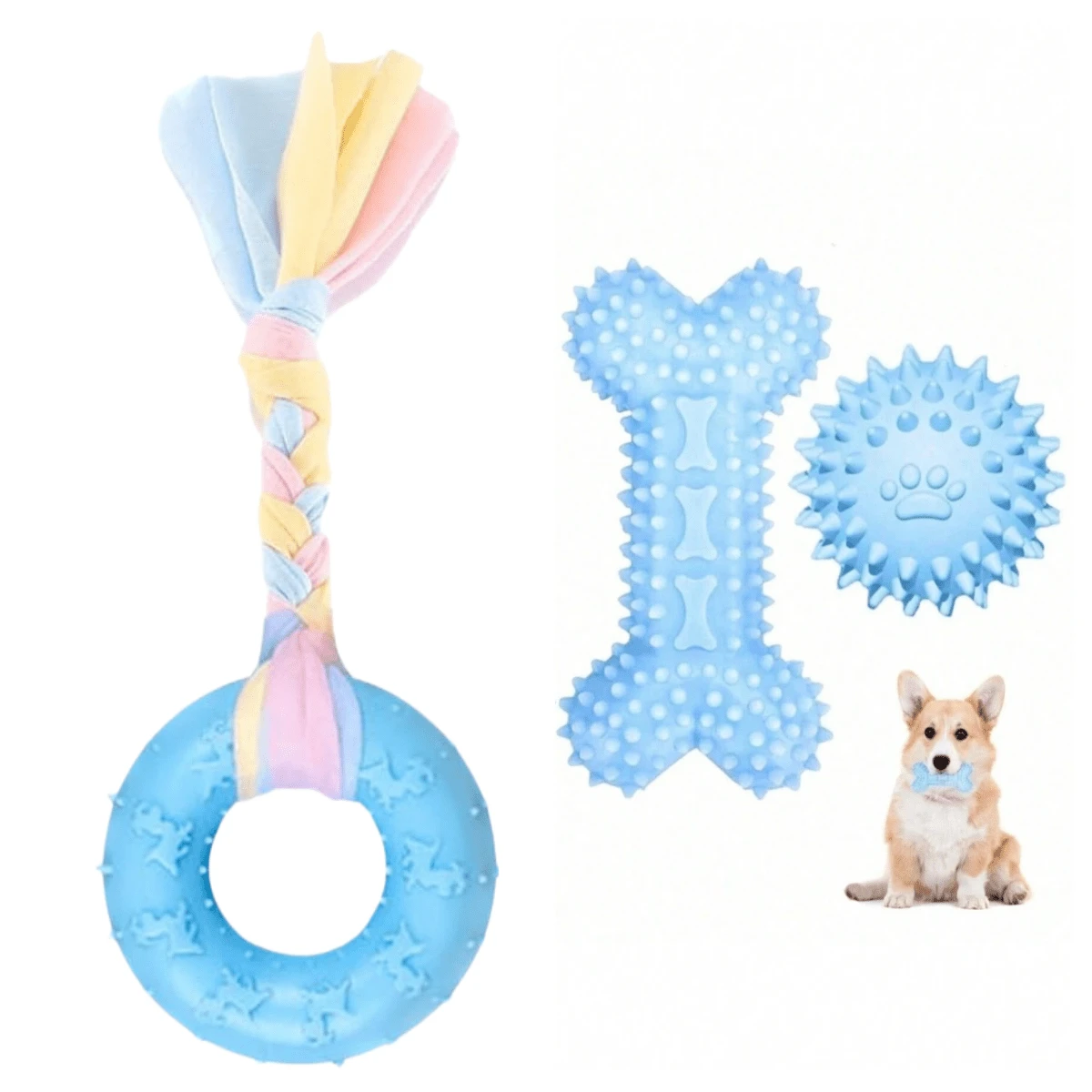 3pcs Puppy Teething Toys, Small Dog Soft Rubber Teeth Cleaning Outdoor Interactive Pet Toy Set, Durable Rope Bone Ball Puppy Teething Toys, Suitable For Small Dogs And Puppies - Multicolor - View 1