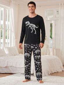 Men's Fun Home Set - Dinosaur Skeleton Print Long Sleeve T-Shirt + Black Dinosaur Fossil Pattern Pants, Casual 2-Piece Pajama Set, Perfect For Relaxing - Black - View 1