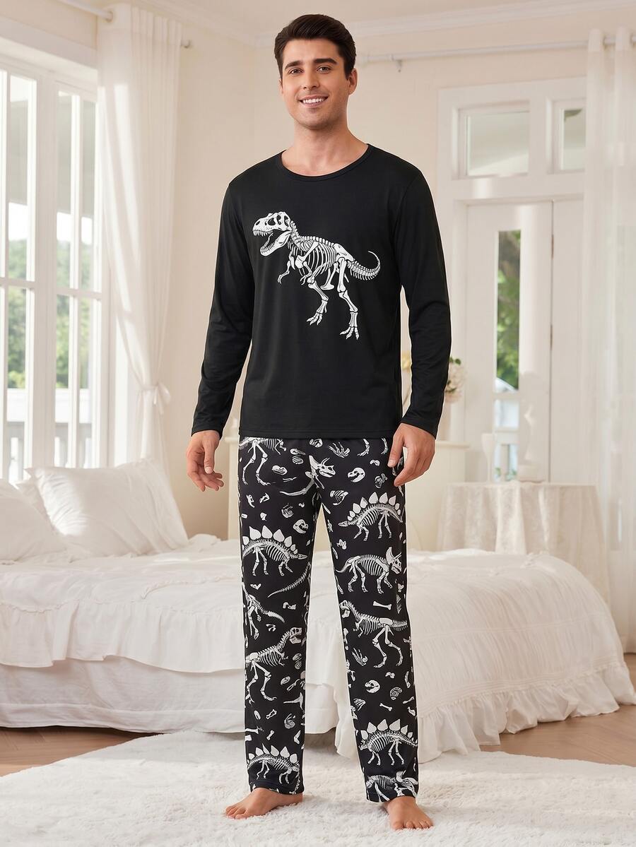 Men's Fun Home Set - Dinosaur Skeleton Print Long Sleeve T-Shirt + Black Dinosaur Fossil Pattern Pants, Casual 2-Piece Pajama Set, Perfect For Relaxing - Black - View 1