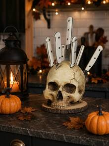 Resin Skull Knife Holder, Gothic Kitchen Countertop Knife Storage Rack, Halloween Horror Tableware Organizer, Farmhouse Style Home Restaurant Dining Table Indoor Kitchen Decor Party Scene Ornament - Multicolor - View 6