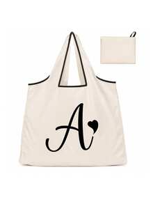 Sac cabas blanc à la mode avec initiale artistique A-Z noire, design avec bordure noire, matériau en taffetas enduit de polyester, sac de courses pliable et portable, sac cabas grande capacité pour femmes avec design facile à plier, convient pour un usage quotidien, les voyages, les vacances, l'école, la rentrée scolaire, le travail et les courses, chariot multifonctionnel, poignée robuste, cadeau pour la fête des enseignants, saison de la rentrée scolaire, fête de l'indépendance, voyage de vacances - Multicolore - Voir 32
