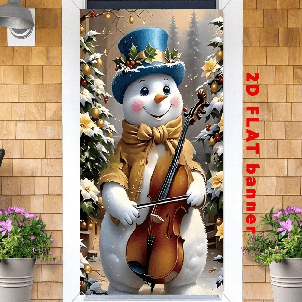 2D Flag - Christmas Theme Banner Background, Cute Violin-Playing Snowman Theme, Combined With Holly Berries, Christmas Flowers And Winter Pine Tree Snow Scenery Elements.