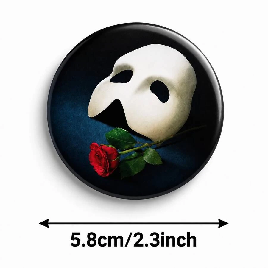 1pc Phantom Of The Opera Mask Red Rose Round Tin Badge, Classic Musical Theater Lapel Pin Brooch, Vintage Drama Accessory For Backpack Clothe - A - View 1