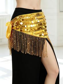 Shimmer Coin Tassel Belly Dance Hip Scarf With Dangling Charms For Festival Rave, Cosplay Costume, Dance Training And Performance - Multicolor - View 3