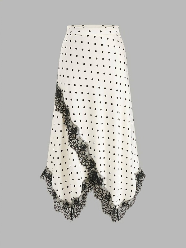 Women's Elegant Polka Dot Asymmetric Midi Dress With Delicate Lace Applique, Non-Stretch Fabric, Summer Dress Vacation