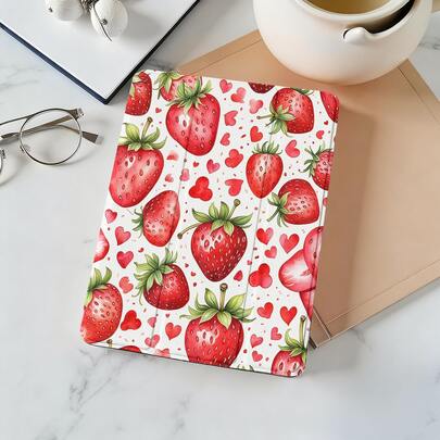 1pcs Strawberry Hearts Watercolor Pattern Tri-Fold Stand Tablet Case With Pencil Holder, All-Around Shockproof With Precise Cutouts, Built-In Dedicate