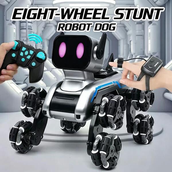 Robot Dog, Children & Adult Remote Control Stunt Car, 8WD 8-Wheel Stunt Robot Dog With LED Eyes And Music, Gesture Sensing And 2.4Ghz Remote Control, Rechargeable Indoor/Outdoor Toy Gift, Suitable For 6-12 Years Old Children