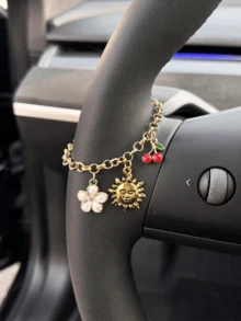1pc Sweet Cherry Alloy Flower Cross Car Steering Wheel Decorative Chain Women's Interior Decoration Product - A - View 1