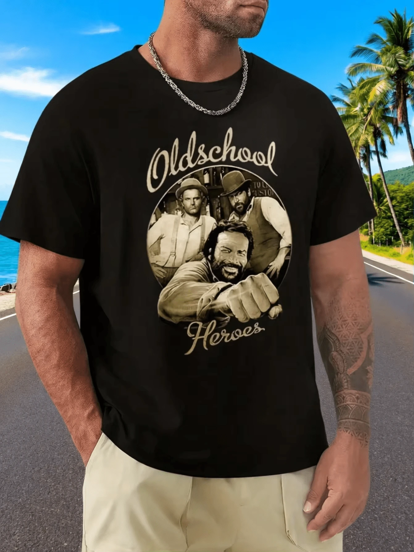 Men's Bud‑Spencer Old‑School‑Hero Film‑Print Tee. Heavy‑Action‑Design Soft‑Fabric Short‑Sleeve Top For Street‑Wear.Vintage - Black - View 1