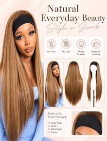 Honey Blonde Straight Headband Wig Synthetic Long Silky Hair Beginner Friendly Secure Combs Ready To Go Easy Wear Daily Fashion Wig - Gold - View 10