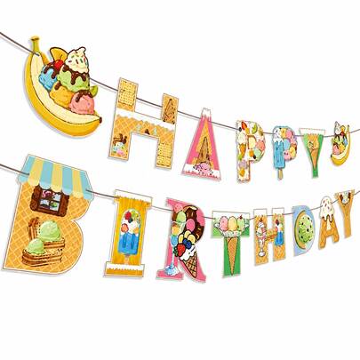 1Set Ice Cream Sundae Shaped Happy Birthday Paper Banner Garland, Banana Split Popsicle Waffle Cone Cutout Letter Flag, Sweet Summer Birthday Party Supplies, Indoor Outdoor Wall Refreshing Dessert Style Photo Booth Hanging Decorations