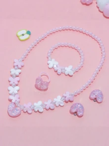 5pcs/Set Glitter Floral Beaded Jewelry Set Necklace Bracelet Ring Ear Clips Sweet Girl Dress Up Party Accessories Gift - one-size - View 2