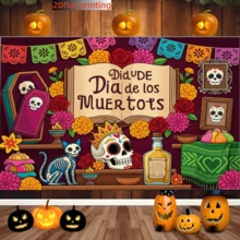 1pc 2D Flat Banner Day Of The Dead Themed Vintage Decorative Backdrop, Suitable For Mexican Festival Decoration, Home Party Background, Altar Arrangement, Photography Backdrop Wall, Indoor And Outdoor Holiday Atmosphere Creation, Polyester Material, Day Of The Dead Decoration, Halloween Decoration Supplies - A - View 1