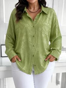 Blus Premium Wanita Ukuran Besar Elegan Lengan Panjang Berkerah dengan Motif Cetak, Cocok untuk Kencan dan Pakaian Sehari-hari, Atasan Musim Gugur - Hijau - View 5