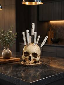 Resin Skull Knife Holder, Gothic Kitchen Countertop Knife Storage Rack, Halloween Horror Tableware Organizer, Farmhouse Style Home Restaurant Dining Table Indoor Kitchen Decor Party Scene Ornament - Multicolor - View 5