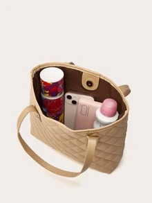 1 pieza Bolso tote acolchado con bordado de diamantes y decoración de bufanda, gran capacidad, ligero, versátil para ir al trabajo - Caqui - Ver 2
