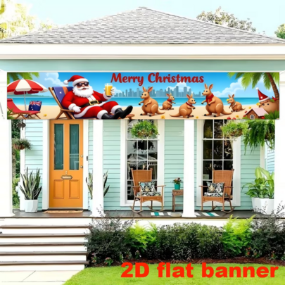 2D Planar Australian-Style Christmas Fence Background Fabric, Featuring A Santa Claus Wearing Fashion Glasses Lying On A Chair, Drinking A Beverage, A Group Of Kangaroos And Palm Trees On A Beach Element. No Power Supply Required. (2)