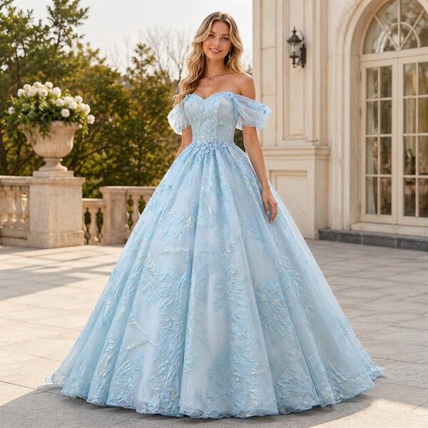 Vestido de cóctel para mujer azul cielo con hombros descubiertos, vestido de baile con mangas abullonadas, vestido de princesa para baile de graduación, vestido de noche, vestido formal de quinceañera, fiestas de cumpleaños, banquetes