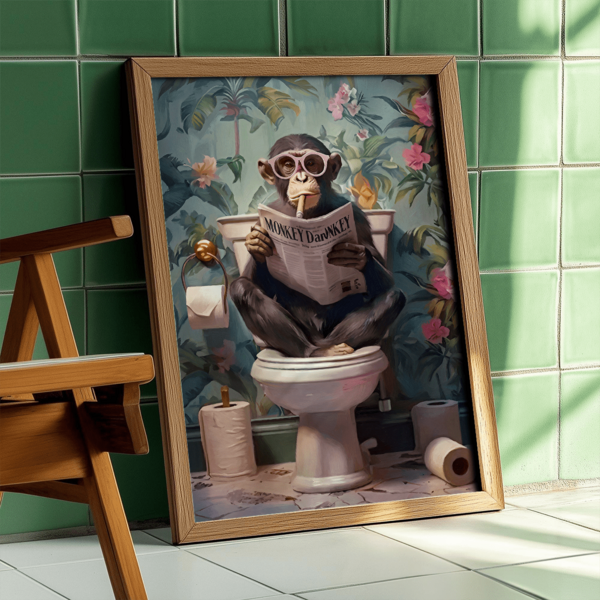 1pc Modern Style Wall Art, Cute Monkey Reading Newspaper On Toilet (Optional Frame) Canvas Wall Painting, Perfect For Modern Living Room, Bedroom, Bathroom Decor And Gift, Styles Include Art Deco, Modern Style, Minimalist Style, Animal Theme, Autumn And Spring
